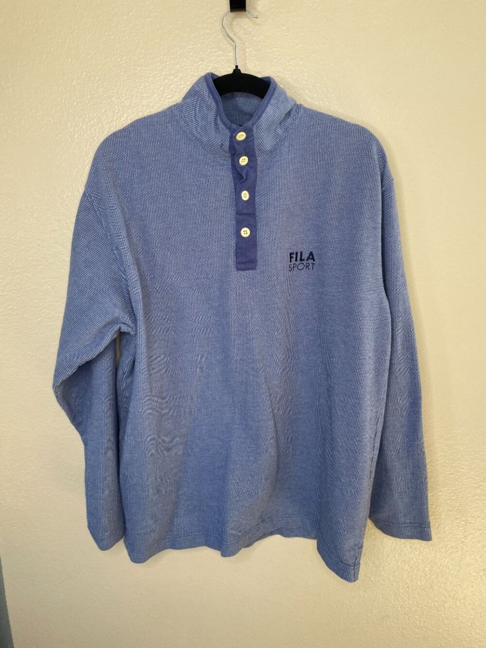 Vintage Fila Sport Blue Mens Pullover L Long-Sleeve Button-Up 100% Cotton